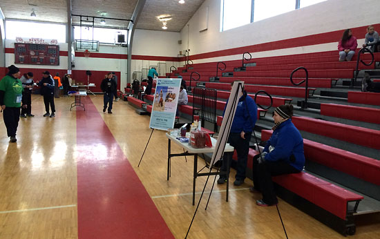 Packet pickup in the gym, and a warm place to wait for the start of the race