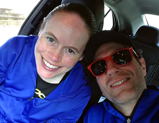 A picture in the car after the race, with Matt sporting free sunglasses courtesy of Moosejaw.