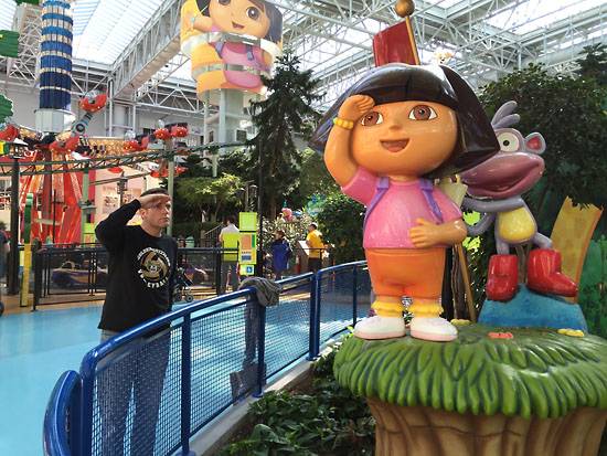 Matt with Dora the Explorer at Nickelodeon Universe - the theme park in the middle of the mall.