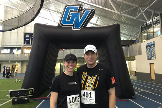 Posing near the finish line before the start of the race.