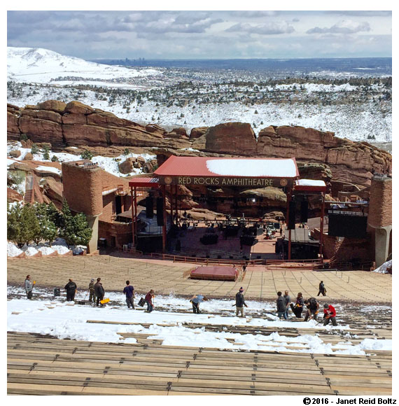 Working hard to clear all of the snow from the seating at Red Rocks Amphitheatre